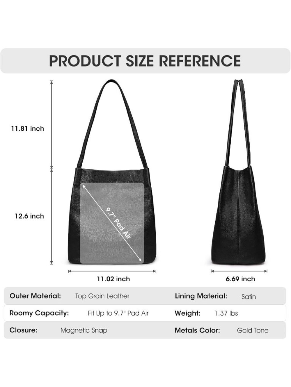 Women's Black Genuine Leather Shoulder Bag With 5 pockets and Top Magnetic - Picture 3 of 6
